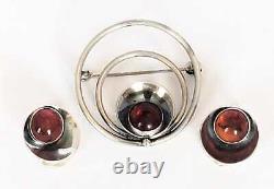 Danish NE From Chalcedony Sterling Modernist Brooch & Earring SET 1940s/50s