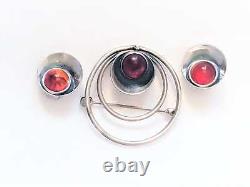 Danish NE From Chalcedony Sterling Modernist Brooch & Earring SET 1940s/50s