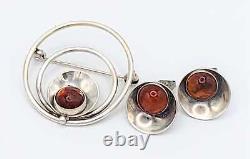 Danish NE From Chalcedony Sterling Modernist Brooch & Earring SET 1940s/50s