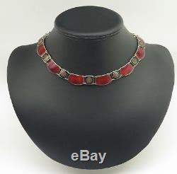 David Andersen Guilloche Red Enamel Panel Bracelet Necklace Sterling Silver Set