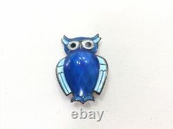 David Andersen Norway 925 Sterling Silver Blue Enamel Owl Pin Brooch Vintage