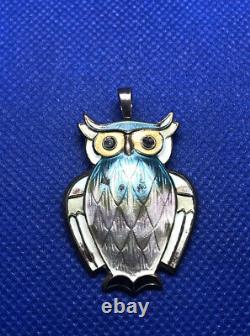David Andersen Norway 925 Sterling Silver Blue Green Enamel Owl Brooch Pendant