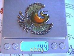 David Andersen, Norway, Signed, Olive Green & Gold Peacock Pin STERLING Perfect