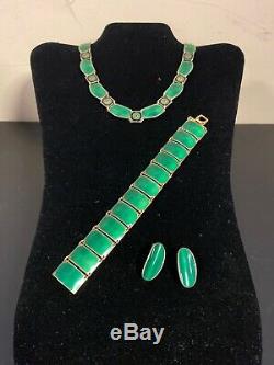 David Andersen Norway Sterling Green Enamel Necklace. Bracelet And Earrings