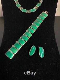 David Andersen Norway Sterling Green Enamel Necklace. Bracelet And Earrings