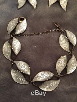 David Andersen Norway Sterling White Guilloche Enamel Necklace Bracelet Leaf Set