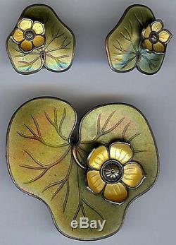 David Andersen Norway Vintage Sterling Olive Enamel Lily Pad Pin & Earrings Set