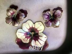 David Andersen Sterling Enamel Pansy Flower 3 piece Set Lg Brooch and Earrings