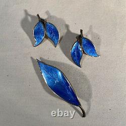David Andersen-Sterling Silver-Blue Guilloche Enamel Earrings & Brooch-Norway