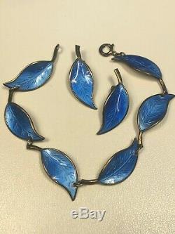 David Andersen Sterling Silver Blue Leaf Enamel bracelet Norway With Clip Earring