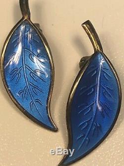 David Andersen Sterling Silver Blue Leaf Enamel bracelet Norway With Clip Earring