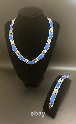 David Andersen Sterling Silver Guilloche Blue Enamel Necklace and Bracelet