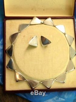 Denmark Hans Hansen Rare Triangle necklace earrings original box Modernist 925S