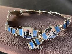 ENAMEL NORWAY Oslo STERLING BRACELET w SCENIC NORGE VIKING SHIP BEAR MOOSE VTG