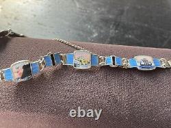 ENAMEL NORWAY Oslo STERLING BRACELET w SCENIC NORGE VIKING SHIP BEAR MOOSE VTG