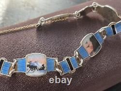 ENAMEL NORWAY Oslo STERLING BRACELET w SCENIC NORGE VIKING SHIP BEAR MOOSE VTG