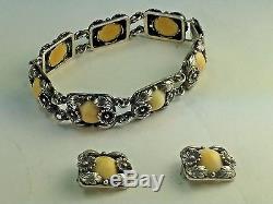 Elegant Vintage Sterling & Stone Flowers Bracelet & Earrings By N. E FROM-Denmark