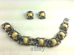 Elegant Vintage Sterling & Stone Flowers Bracelet & Earrings By N. E FROM-Denmark