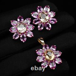 Estate Peach & Pink Sapphire Rare 30Ct 925 Sterling Silver Handmade Jewelry Set