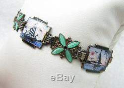 Excellent Vintage Norway Norne N Enamel Sterling Silver Panel Link Bracelet