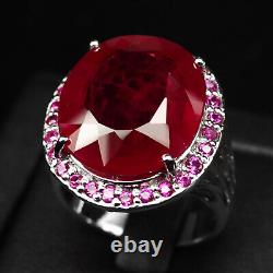 Exquisite Rose Red Ruby 23.80Ct 925 Sterling Silver Handmade Halo Rings Size 8