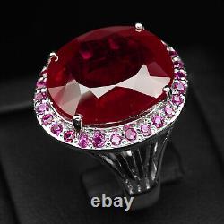 Exquisite Rose Red Ruby 23.80Ct 925 Sterling Silver Handmade Halo Rings Size 8