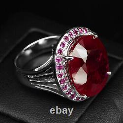 Exquisite Rose Red Ruby 23.80Ct 925 Sterling Silver Handmade Halo Rings Size 8