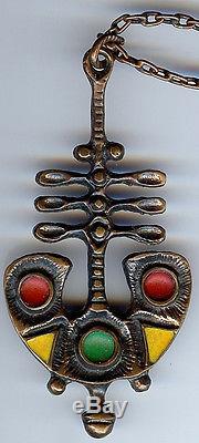 Fabulous Vintage Modernist Scandinavian Enamel Bronze Pendant Necklace