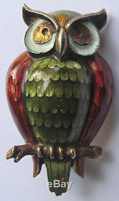 Finn Jensen Norway Vintage Sterling Olive Green Red Enamel Dimensional Owl Pin