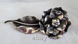 Georg Jensen Large Signed Sterling Silver FLOWER Pin Brooch #124 Rose With Leaf