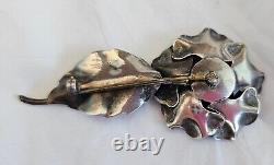 Georg Jensen Large Signed Sterling Silver FLOWER Pin Brooch #124 Rose With Leaf