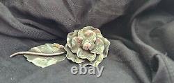 Georg Jensen Large Signed Sterling Silver FLOWER Pin Brooch #124 Rose With Leaf