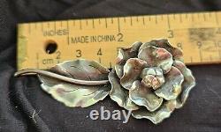 Georg Jensen Large Signed Sterling Silver FLOWER Pin Brooch #124 Rose With Leaf