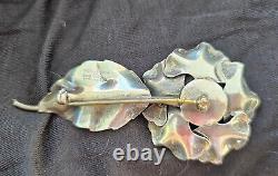 Georg Jensen Large Signed Sterling Silver FLOWER Pin Brooch #124 Rose With Leaf