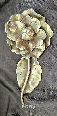 Georg Jensen Large Signed Sterling Silver FLOWER Pin Brooch #124 Rose With Leaf