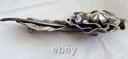 Georg Jensen Large Signed Sterling Silver FLOWER Pin Brooch #124 Rose With Leaf