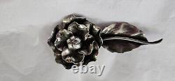 Georg Jensen Large Signed Sterling Silver FLOWER Pin Brooch #124 Rose With Leaf