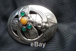Georg Jensen Silver Brooch with Ambor and Green stones #13 From 1904-1914