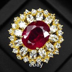 Gorgeous Blood Red Ruby Rare 12Ct 925 Sterling Silver Handmade Gold Flower Rings