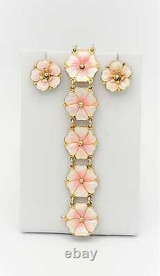 Holmsen Norne Norway Sterling Enamel Tropical Flowers Bracelet Earrings Set 40s