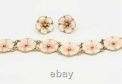 Holmsen Norne Norway Sterling Enamel Tropical Flowers Bracelet Earrings Set 40s