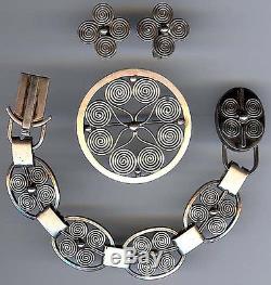 Klagenborg Denmark Vintage Modernist Sterling Silver Bracelet Pin & Earrings Set