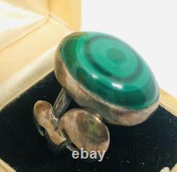 Large Sterling Silver Malachite Ring Bullseye Scandinavian Sz6 Vintage Jewelry