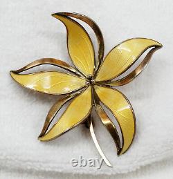 Large Vtg Hroar Prydz Norway Gilt Sterling Yellow Guilloche Enamel Flower Brooch