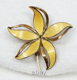 Large Vtg Hroar Prydz Norway Gilt Sterling Yellow Guilloche Enamel Flower Brooch