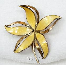 Large Vtg Hroar Prydz Norway Gilt Sterling Yellow Guilloche Enamel Flower Brooch