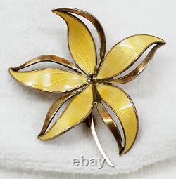 Large Vtg Hroar Prydz Norway Gilt Sterling Yellow Guilloche Enamel Flower Brooch