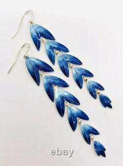 Long Sterling Silver Enameled Drop Dangle Earrings Scandinavian Vintage Jewelry