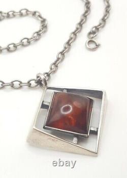 MCM 1970s MODERNIST Vintage 835 SILVER & AMBER Pendant NECKLACE Scandinavian