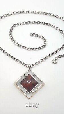 MCM 1970s MODERNIST Vintage 835 SILVER & AMBER Pendant NECKLACE Scandinavian